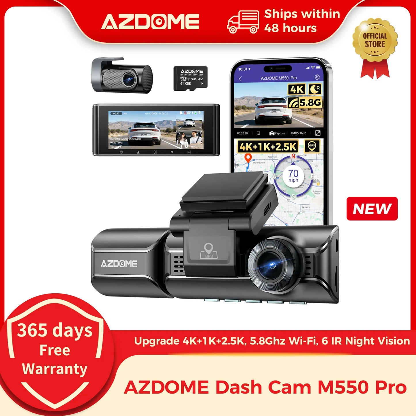 Dashcam voiture vision nocturne 4K — AZDOME M550 Pro