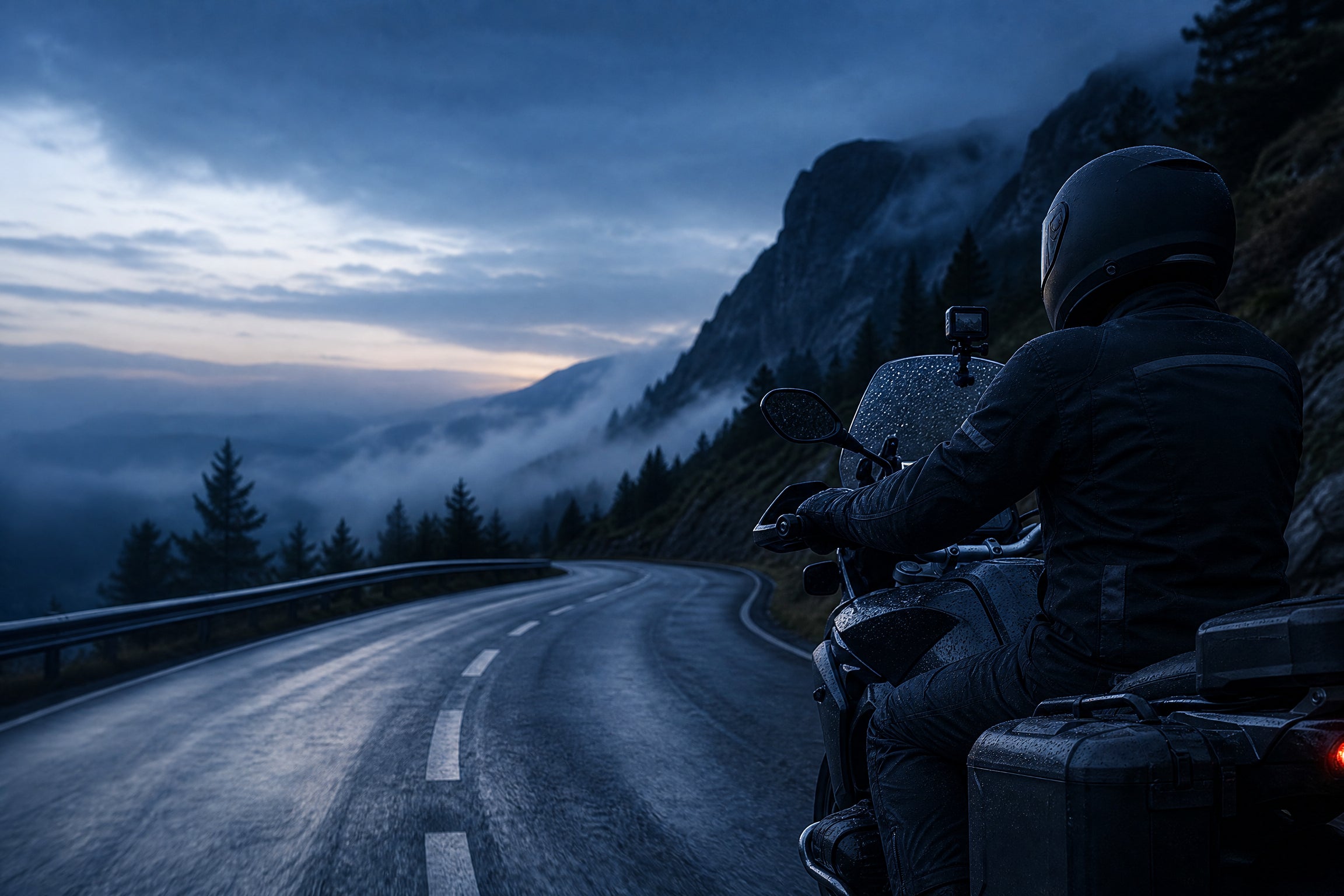 Motard sur une route de montagne avec une caméra embarquée